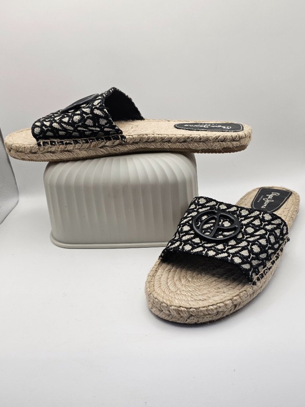 Pepe Jeans Siva Jacquard Black & White Logo Espadrille Slides – Women’s US 7.5